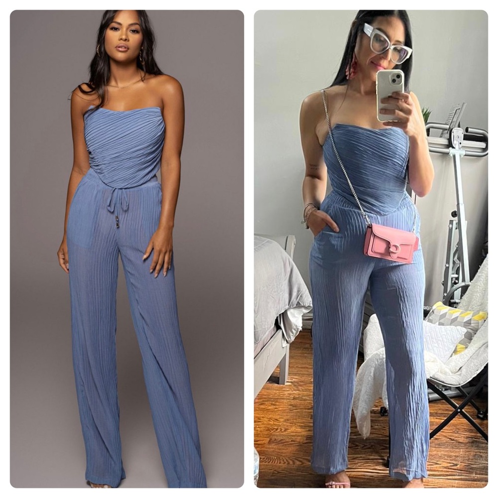 “Ice Blue Jaziel Pleated Pants” along w/ Corset tube top in my picture!